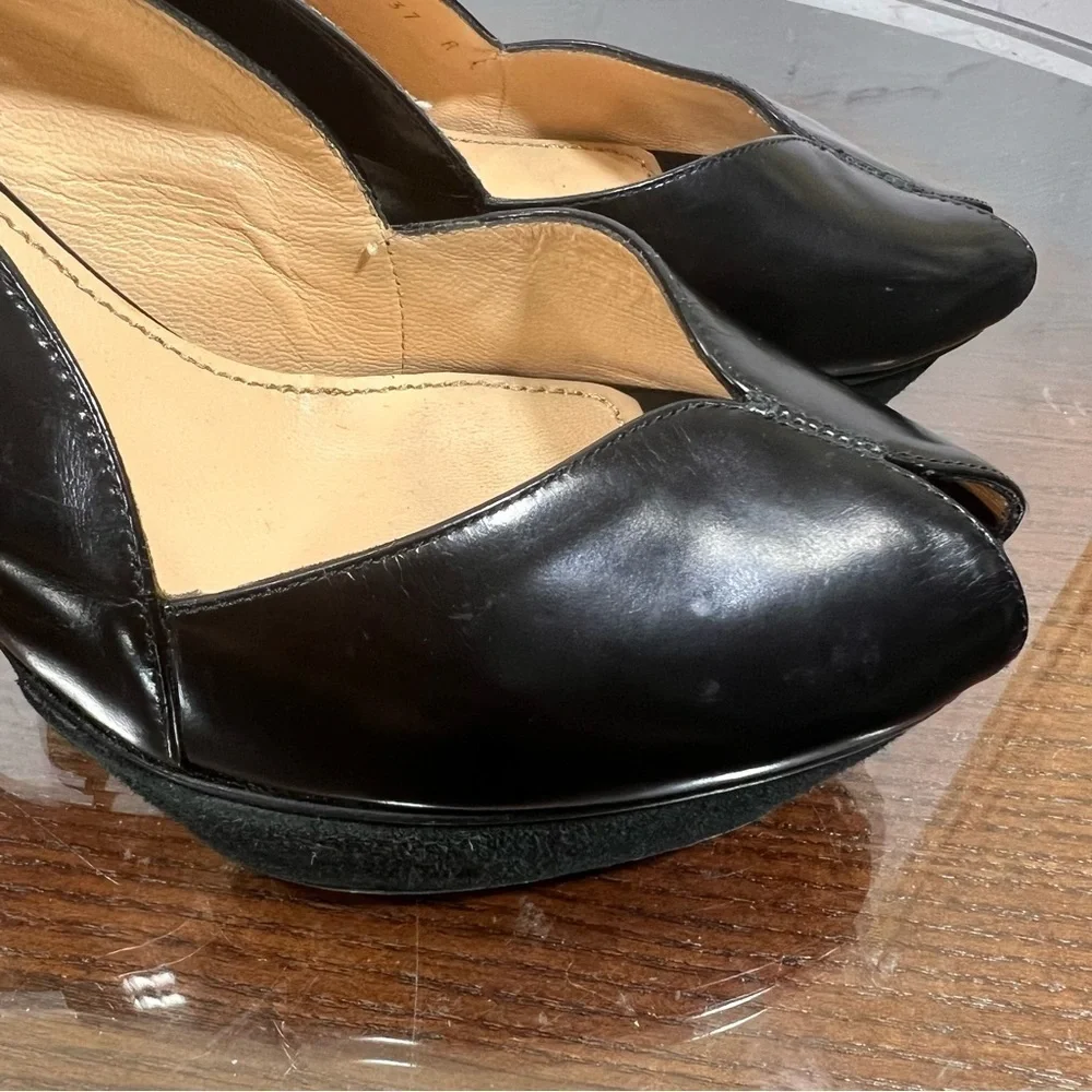 YSL Patent & Calf Leather peep toe sling back pumps 37 GUC sexy chic vintage